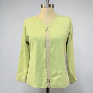 VTG Carducci M Lime Pastel Green Ribbed Knit Cardigan Crochet Cottage Spring Y2K